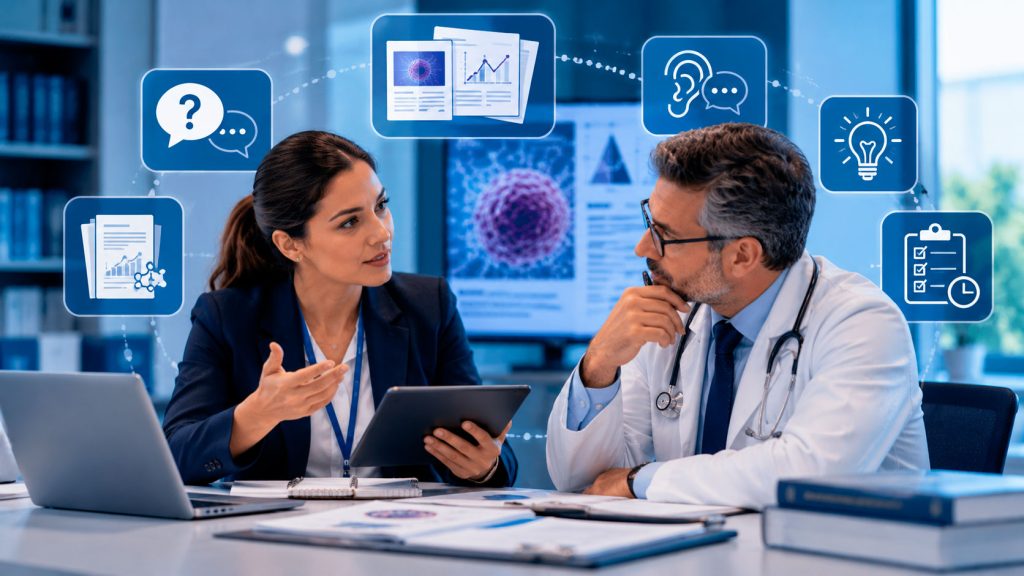 MSL y especialista en oncología durante una conversación científica basada en evidencia, con escucha activa, análisis de información y preparación de seguimiento médico.
